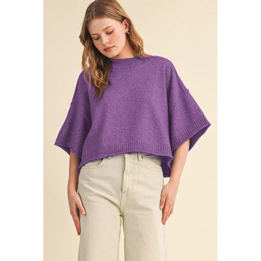 Marled Knit Mock Neck Short Sleeve Sweater