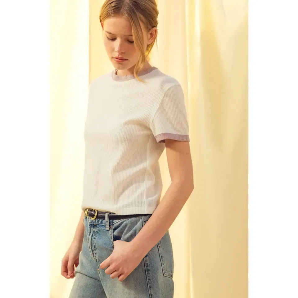 White & Lilac Combo Waffle Fabric Top