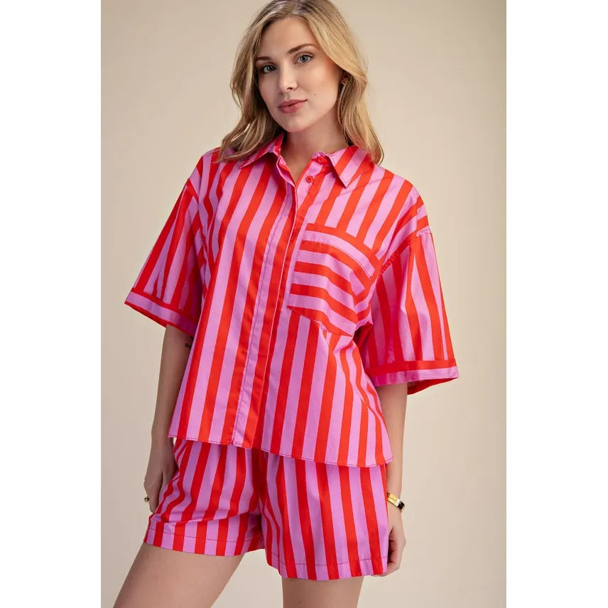 Pink + Red Collar Neck Button Down Shirt
