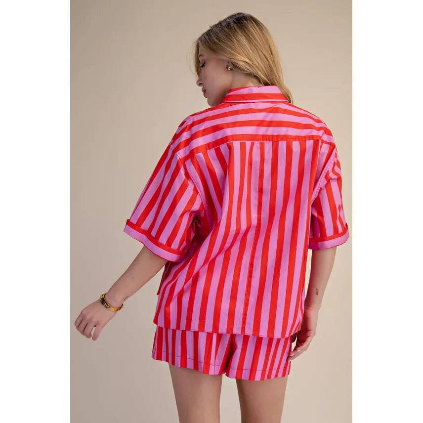 Pink + Red Collar Neck Button Down Shirt