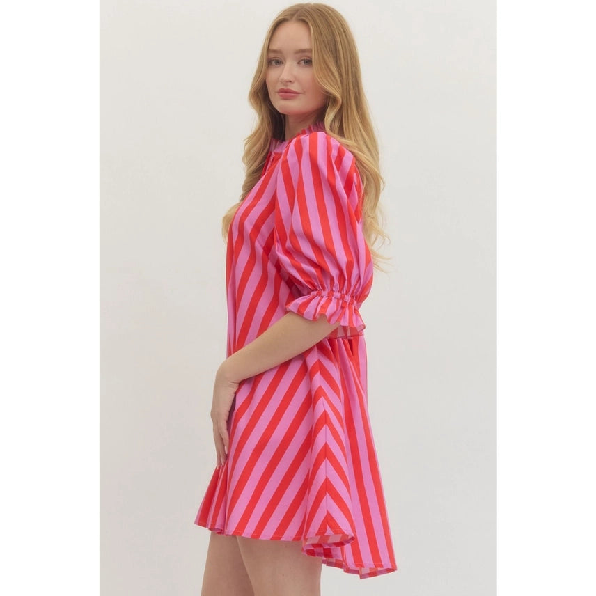 Striped Puff Sleeve Mini Dress with Bow