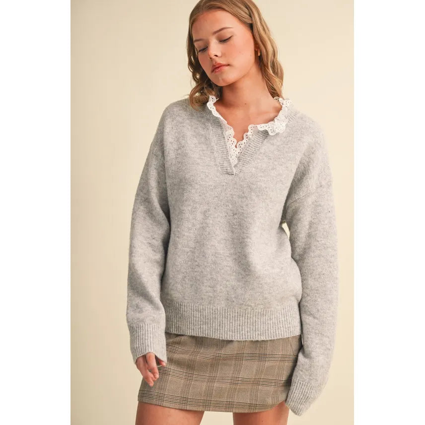 Lace Ruffle Trim V Neck Sweater