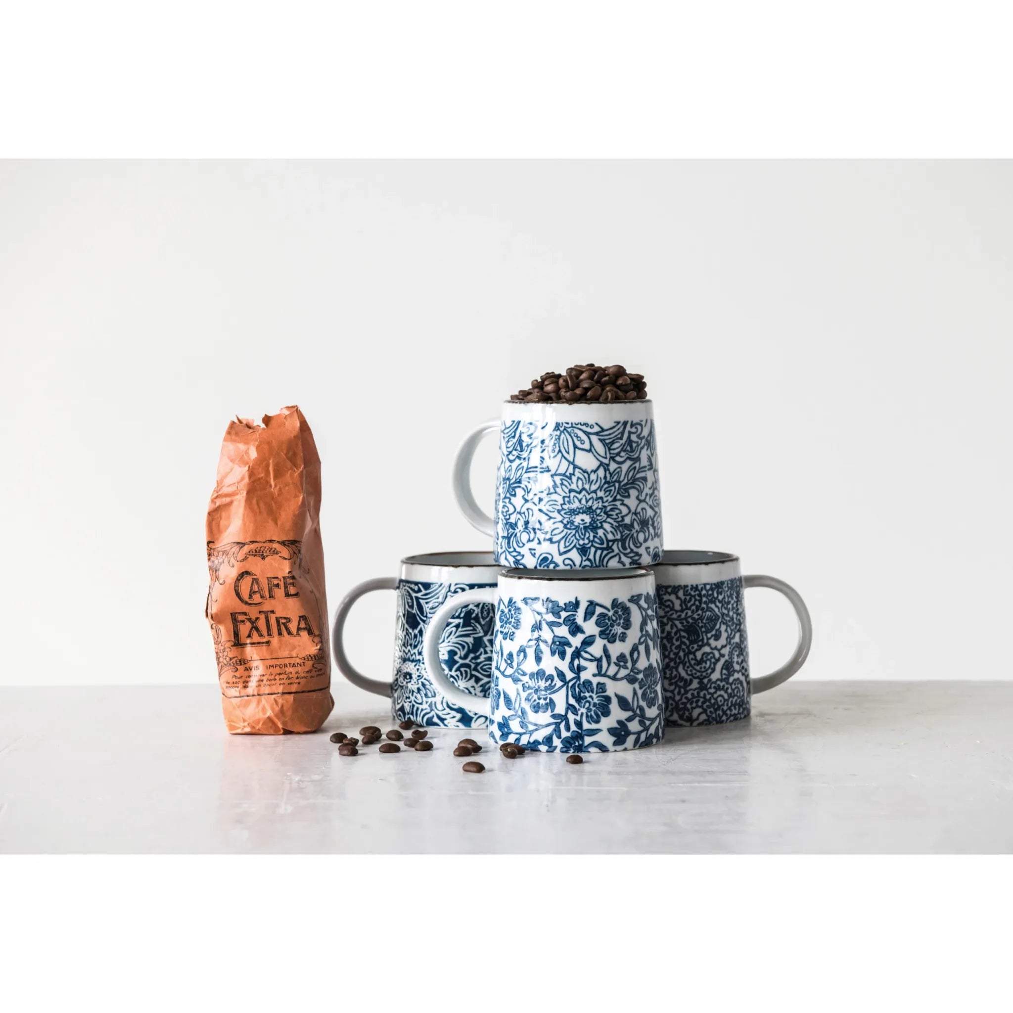 Blue & White Hand-Stamped Mugs