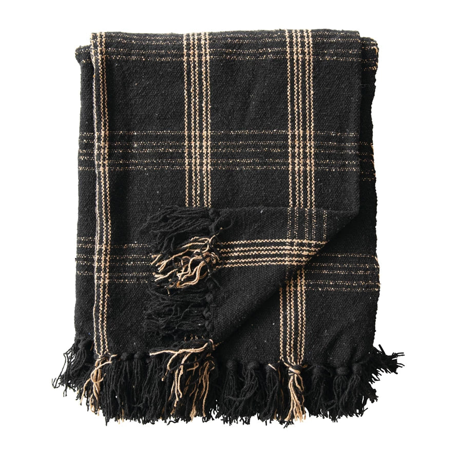 Black & Cream Woven Cotton Blend Throw with Fringe