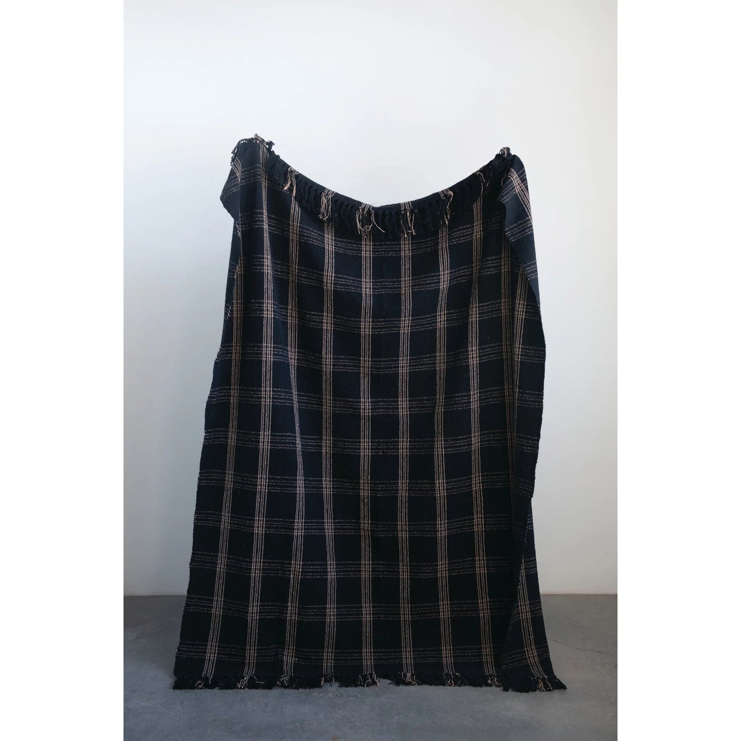 Black & Cream Woven Cotton Blend Throw with Fringe