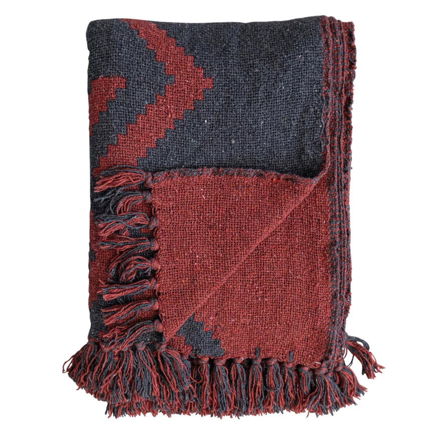 Red & Navy Recycled Cotton Blend Throw with Design & Fringe