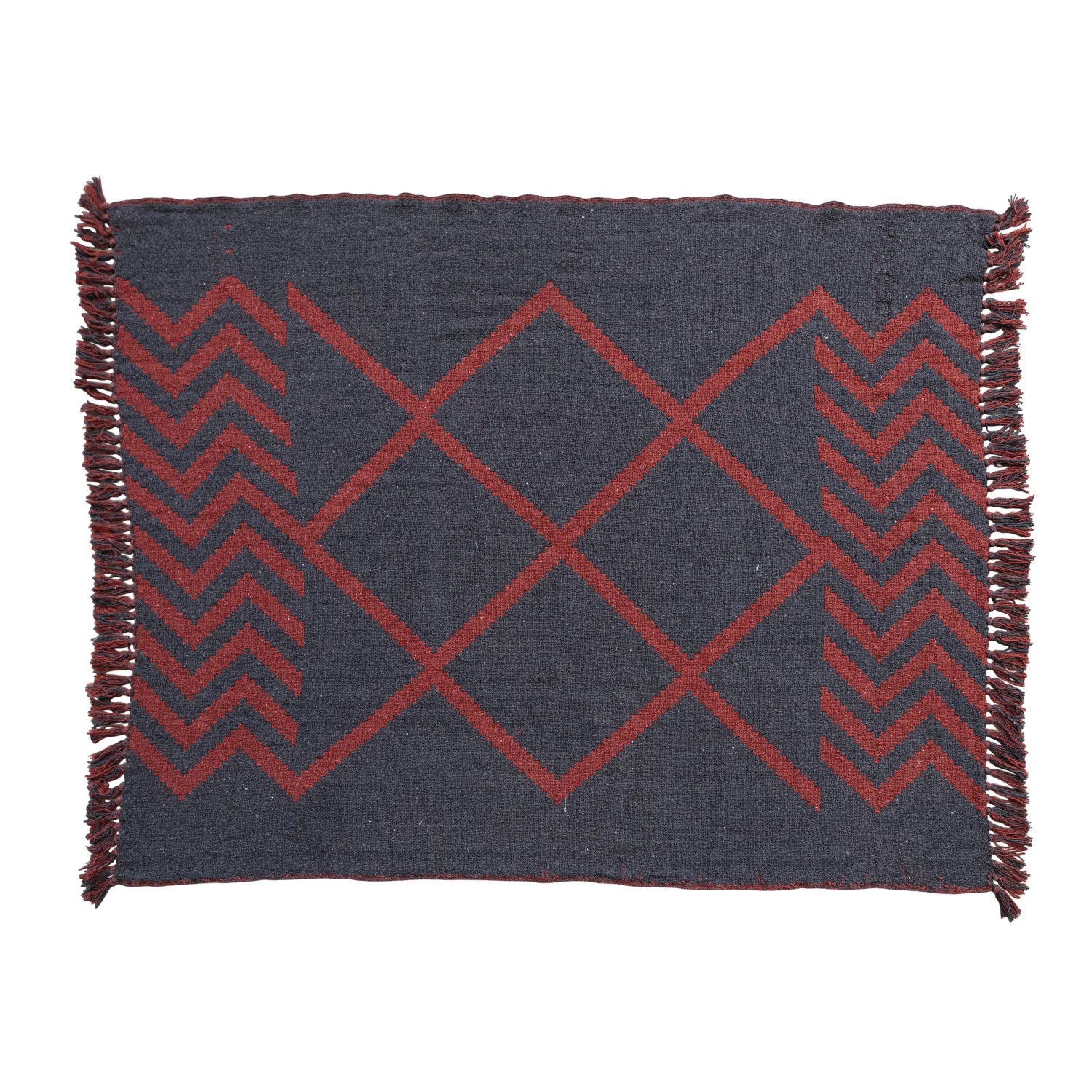 Red & Navy Recycled Cotton Blend Throw with Design & Fringe