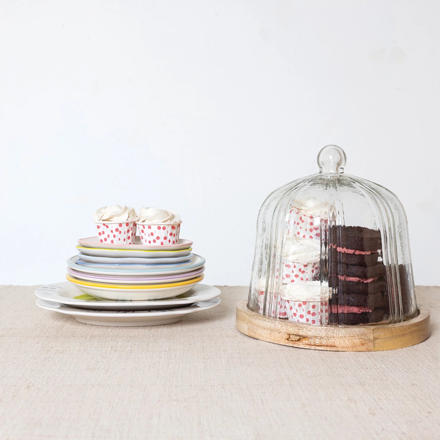 Recycled Glass Pleated Cloche with Mango Wood Base