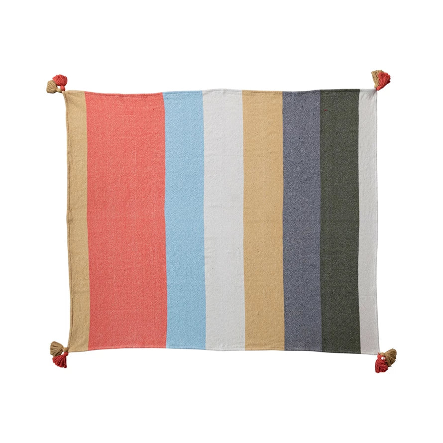 Multi Color-Block Woven Recycled Cotton Blend Throw with Stripes & Tassels