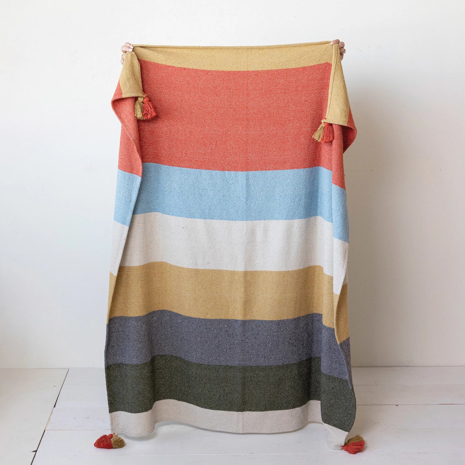 Multi Color-Block Woven Recycled Cotton Blend Throw with Stripes & Tassels