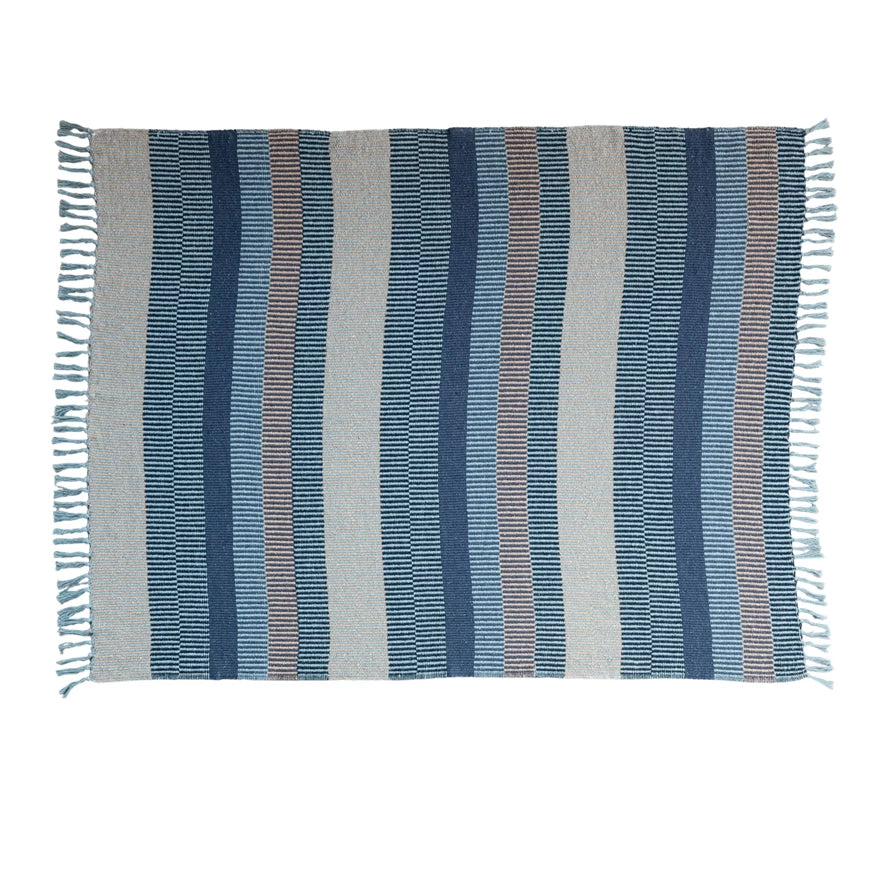 Blue Multi Woven Recycled Cotton Blend Throw with Stripes & Fringe