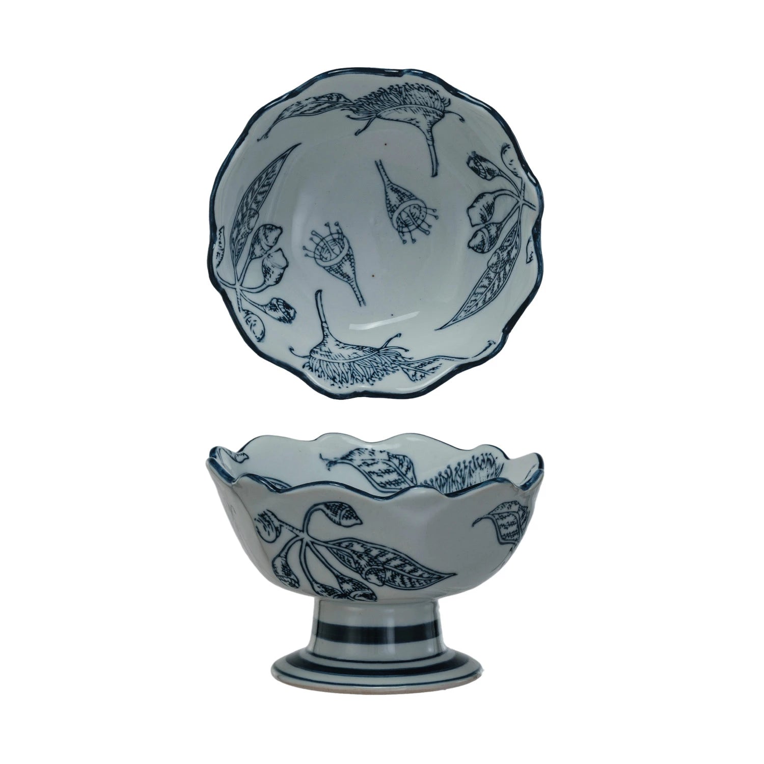 Footed Bowl with Botanicals & Scalloped Edge