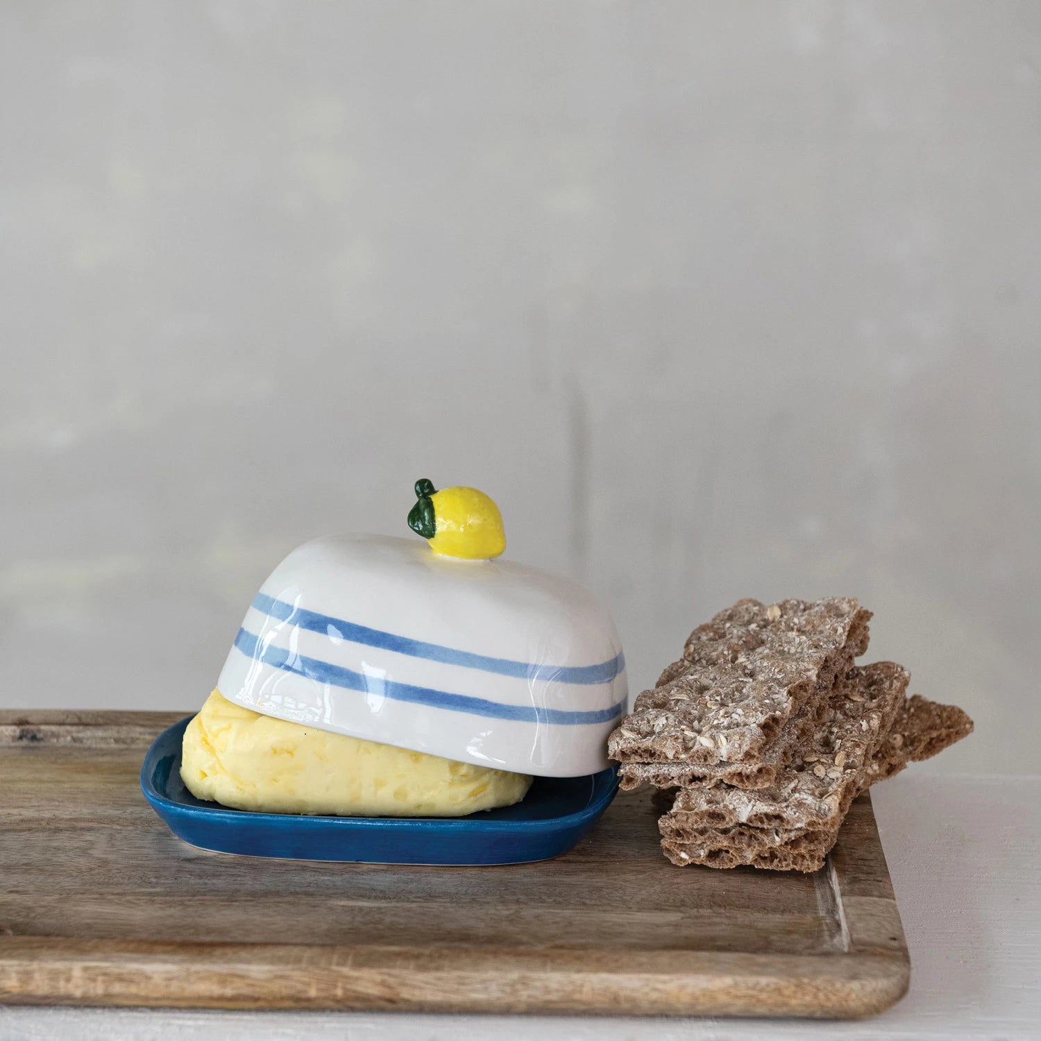 Hand-Painted Stoneware Butter Dish with Finial & Stripes