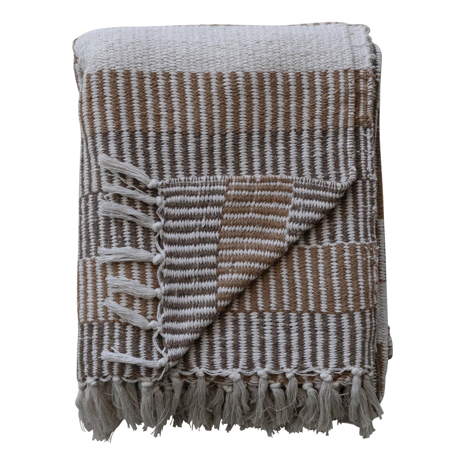 Tan Woven Recycled Cotton Blend Throw with Stripes & Fringe