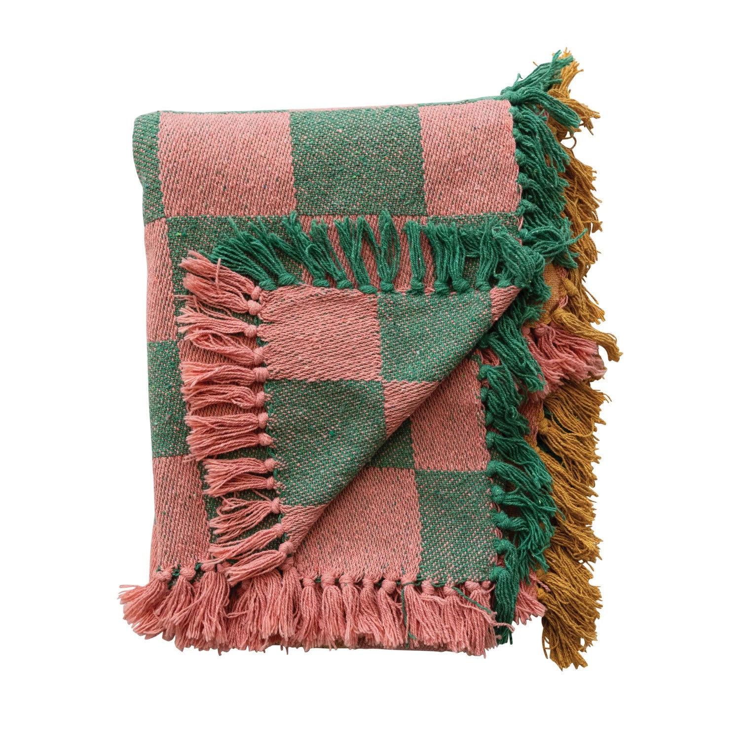 Woven Recycled Cotton Blend Two-Tone Checked Throw with Fringe