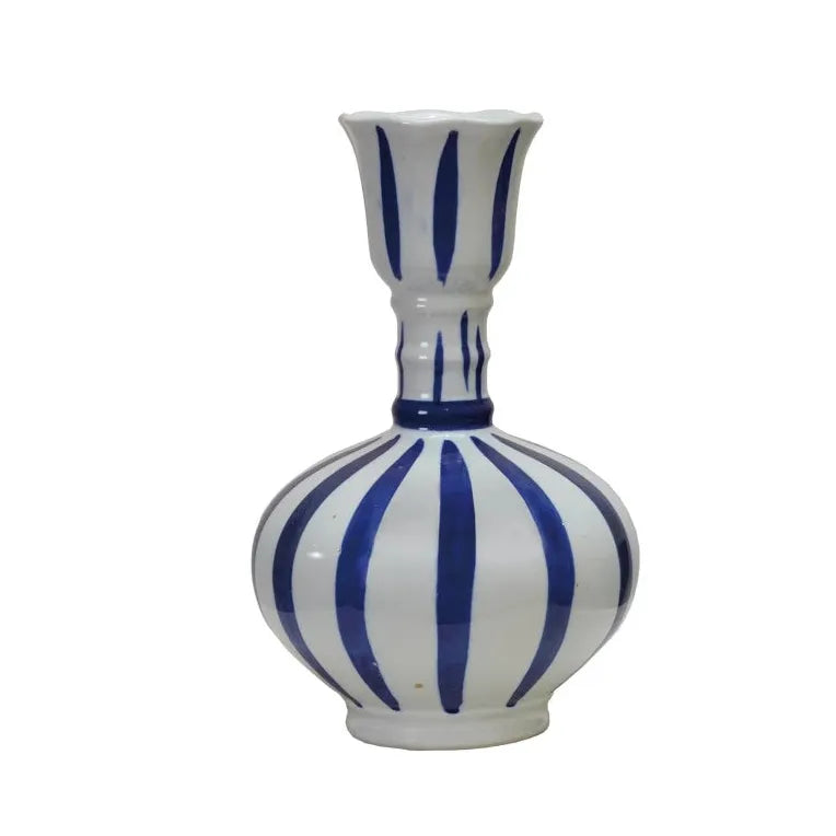 Three ceramic vases with blue and white patterns on a white background