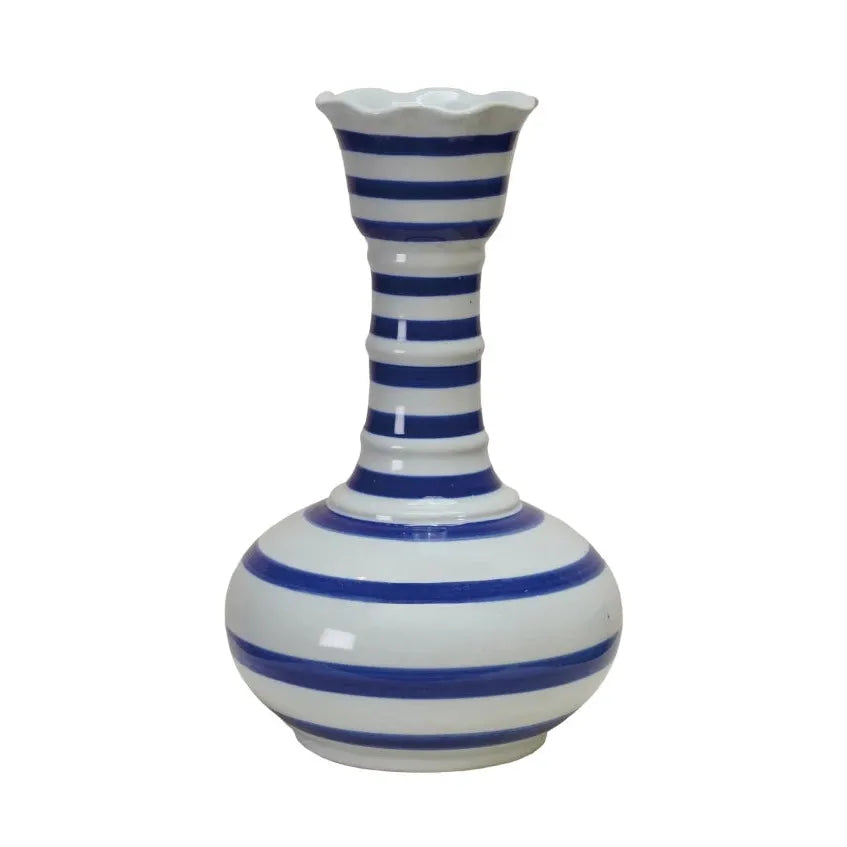 Three ceramic vases with blue and white patterns on a white background