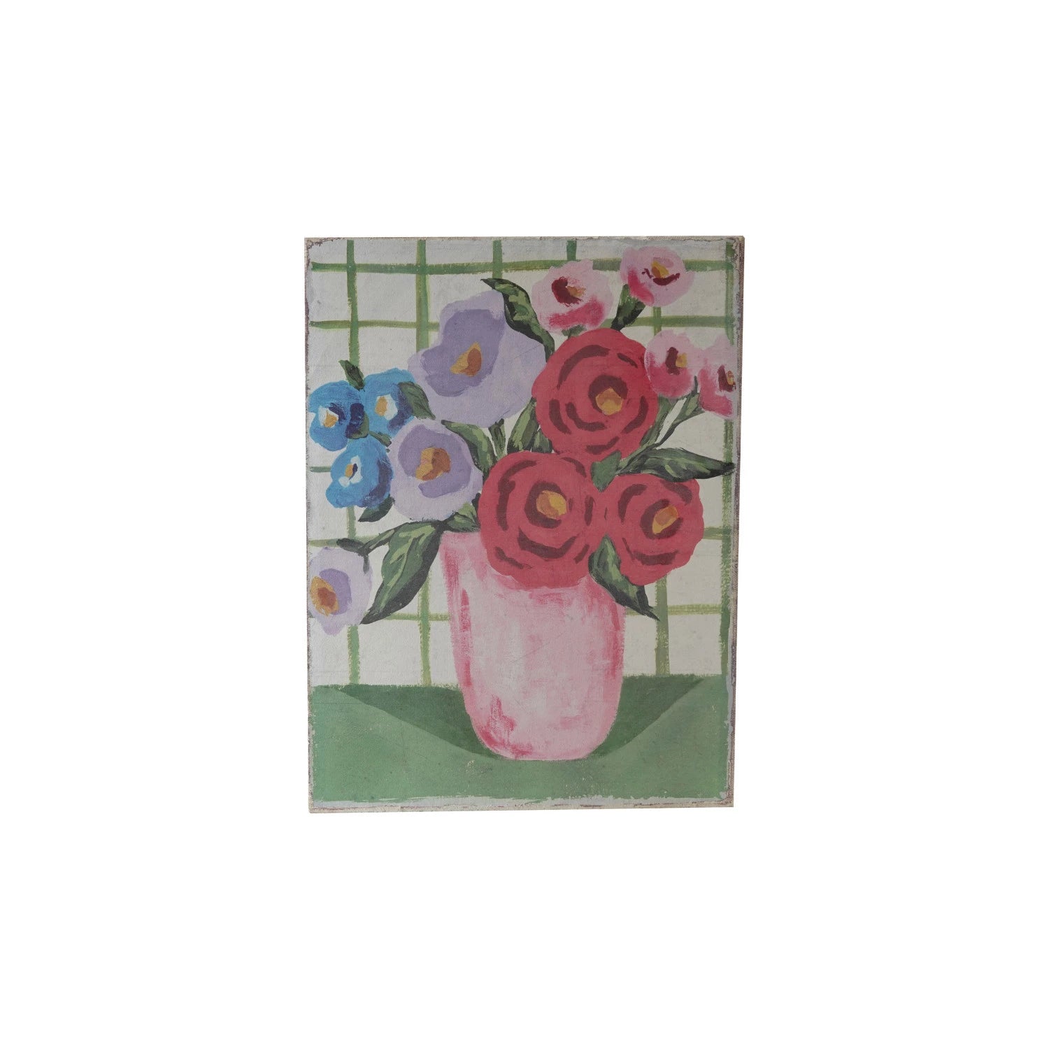 Canvas Wall Décor with Flowers in Vase & Grid Background