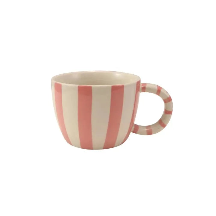 Four striped ceramic mugs with measurements on a white background