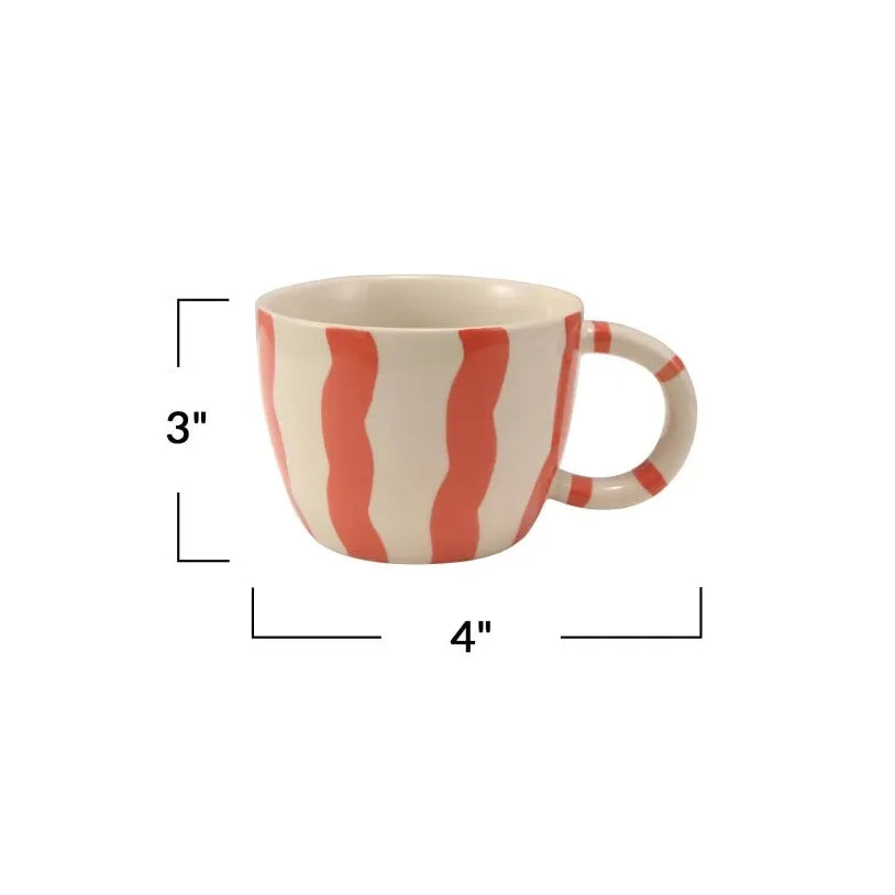 Four striped ceramic mugs with measurements on a white background
