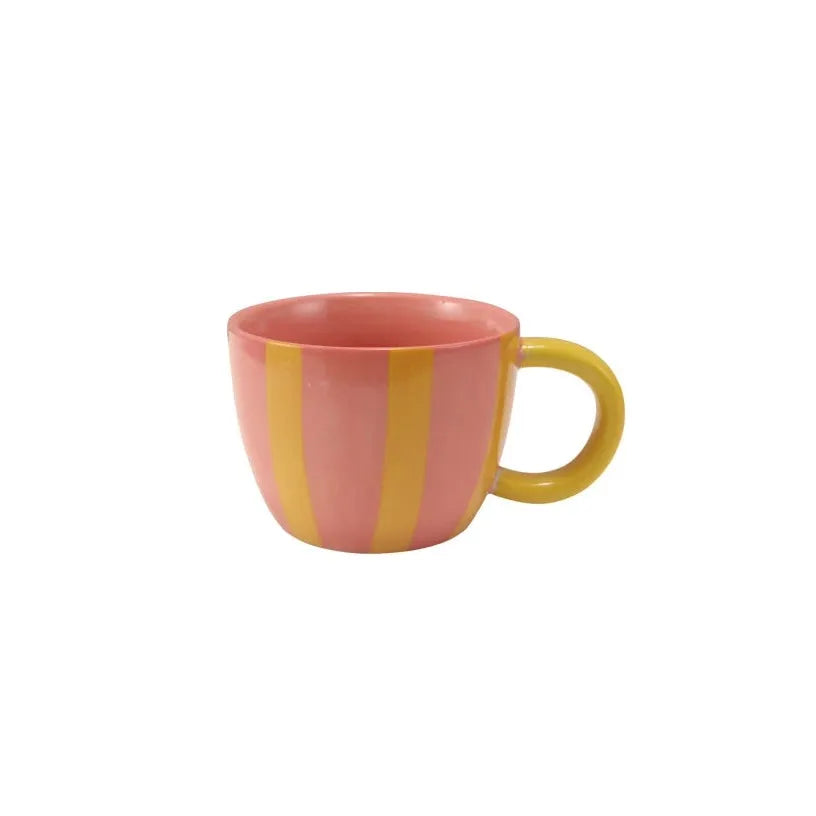 Four striped ceramic mugs with measurements on a white background