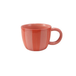 Four striped ceramic mugs with measurements on a white background