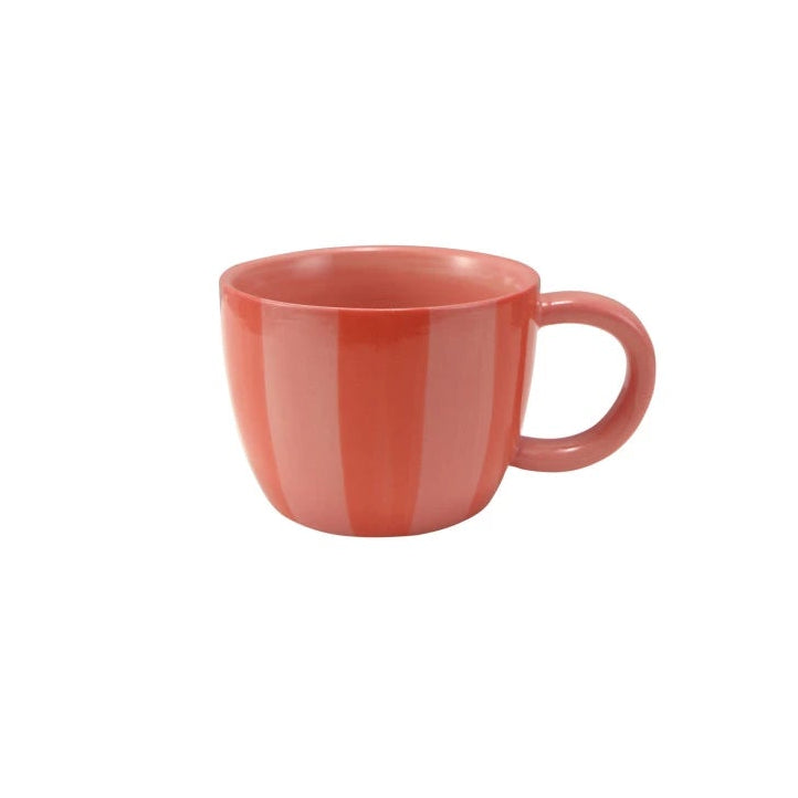 Four striped ceramic mugs with measurements on a white background