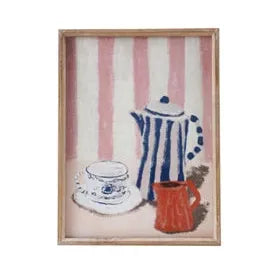 Set of four framed artworks with different scenes on a white background