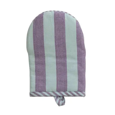 Three striped oven mitts in different color combinations on a white background