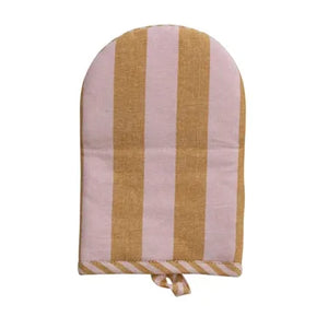 Three striped oven mitts in different color combinations on a white background