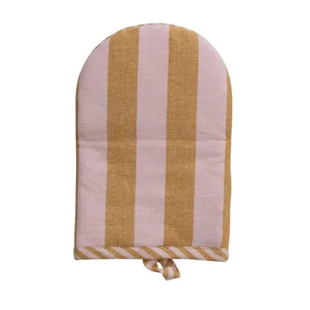 Three striped oven mitts in different color combinations on a white background