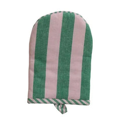 Three striped oven mitts in different color combinations on a white background
