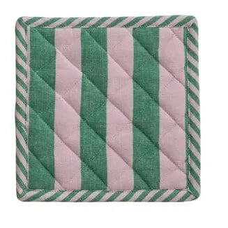 Three striped fabric coasters in different colors on a white background