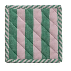 Three striped fabric coasters in different colors on a white background