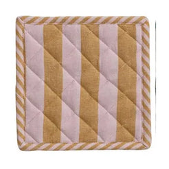 Three striped fabric coasters in different colors on a white background