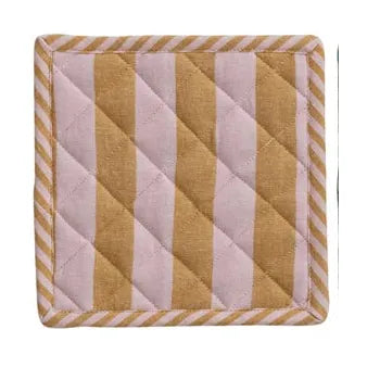Three striped fabric coasters in different colors on a white background