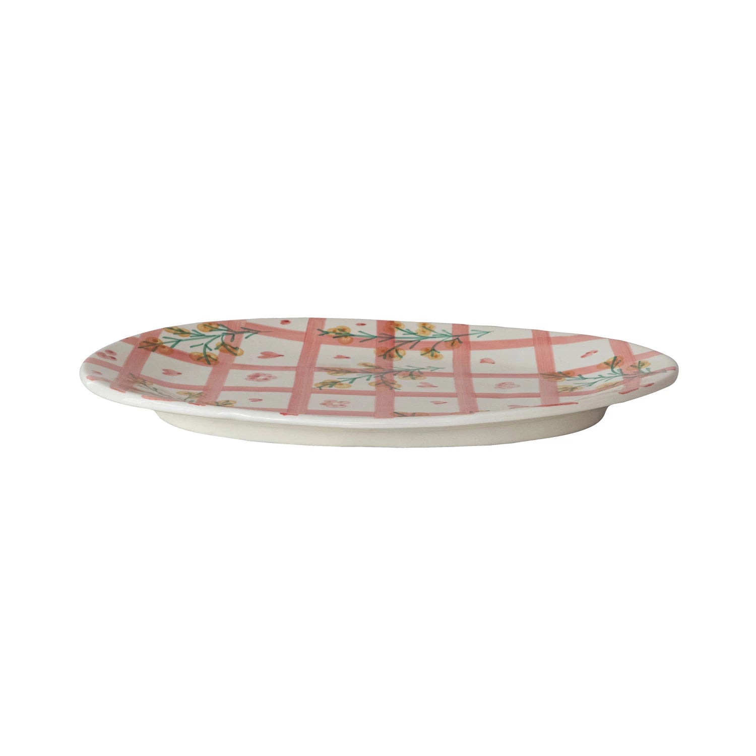Hand-Painted Stoneware Platter with Grid Pattern & Botanicals