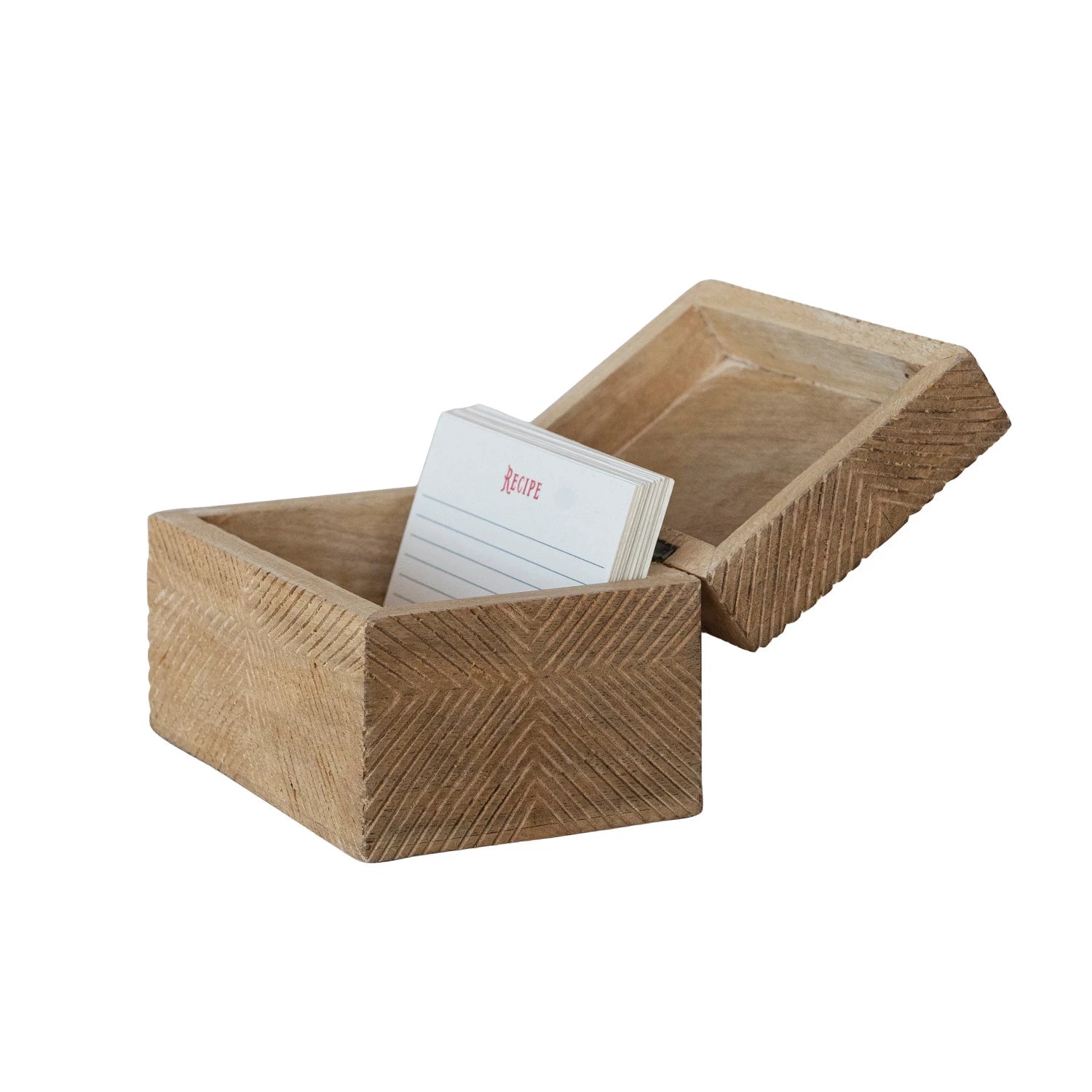 Hand-Carved Mango Wood Recipe Box with 25 Recipe Cards