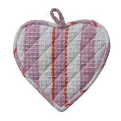 Three heart-shaped pot holders with different patterns on a white background
