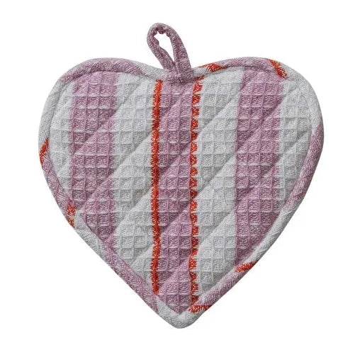 Three heart-shaped pot holders with different patterns on a white background