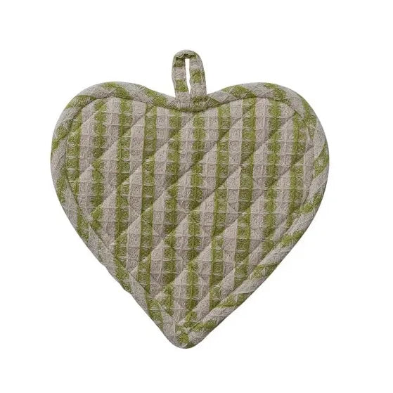 Three heart-shaped pot holders with different patterns on a white background