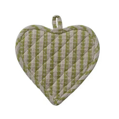 Three heart-shaped pot holders with different patterns on a white background