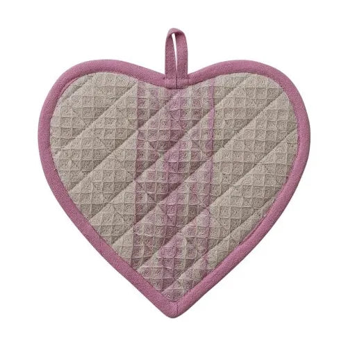 Three heart-shaped pot holders with different patterns on a white background
