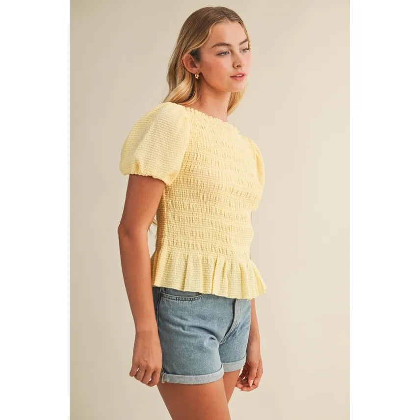 Flocked Stripe Smocked Puff Sleeve Top