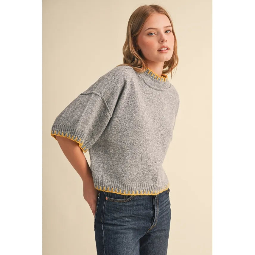 Contrast Blanket Stitch Mock Neck Sweater
