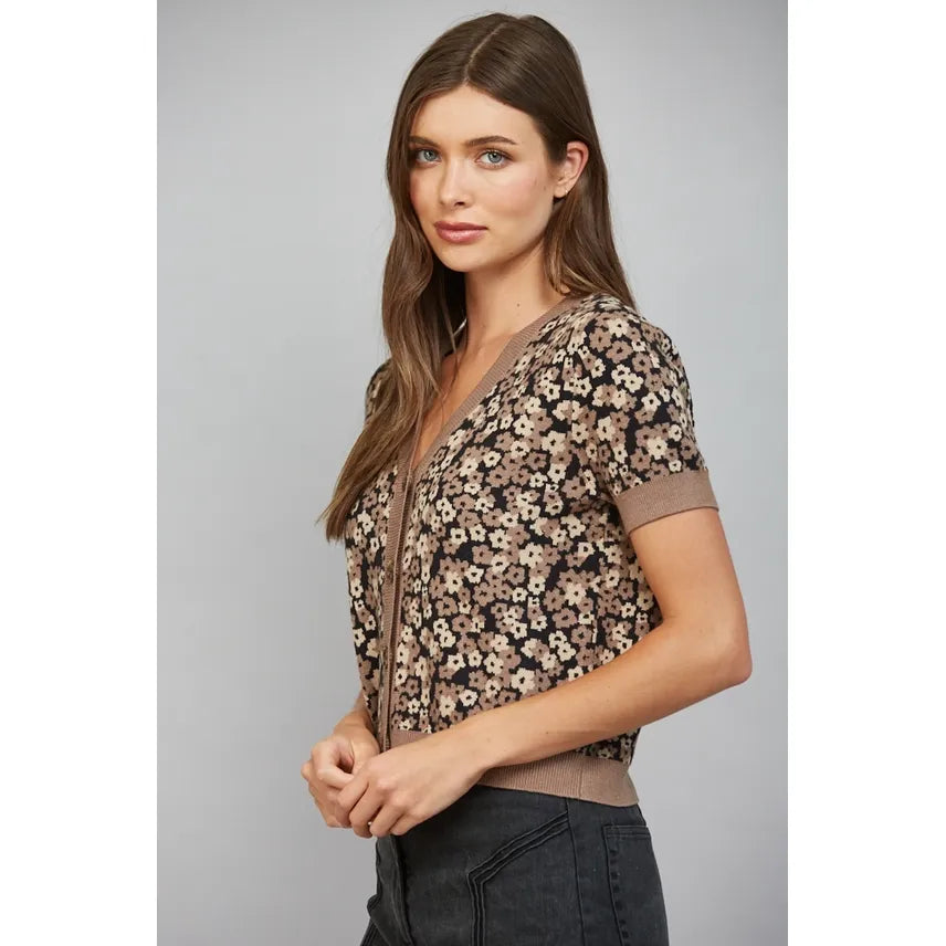 Floral Pattern Jacquard Knit V-Neckline Cardigan