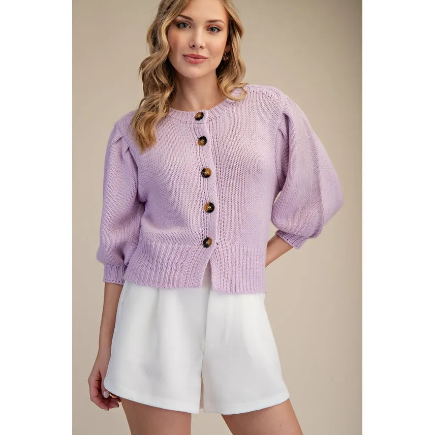 Short Puff Sleeve Button Down Sweater