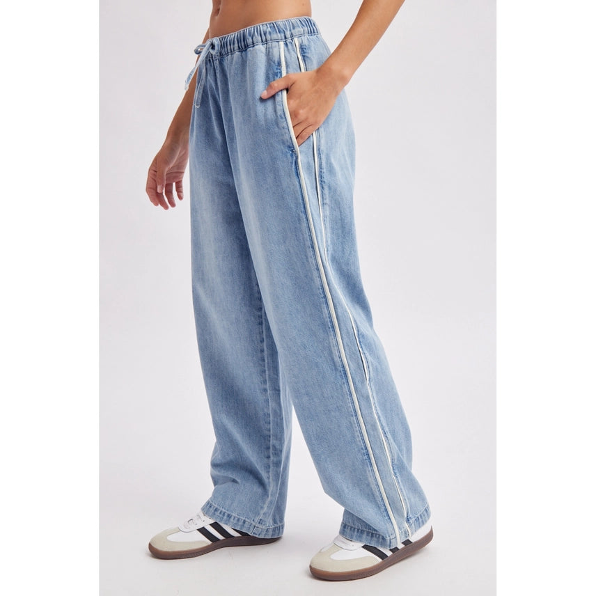 Side Stripe Wide Leg Denim Pants