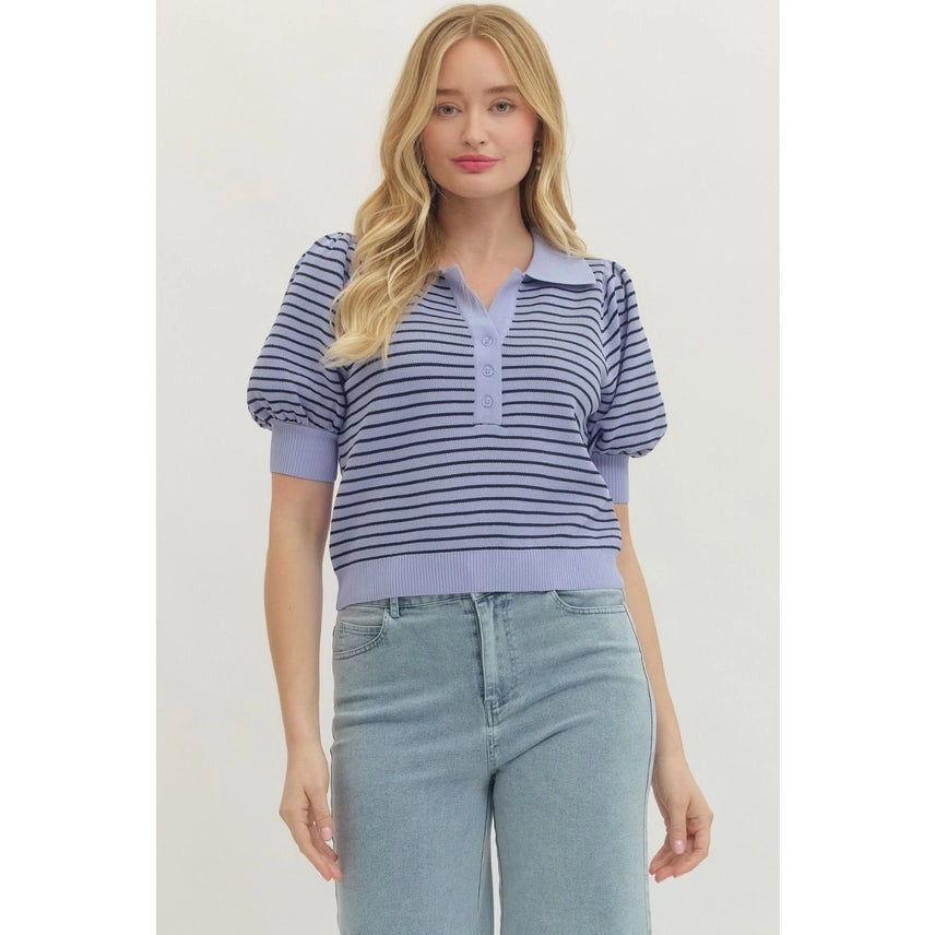 Lavender Striped Short Puff Sleeve Top