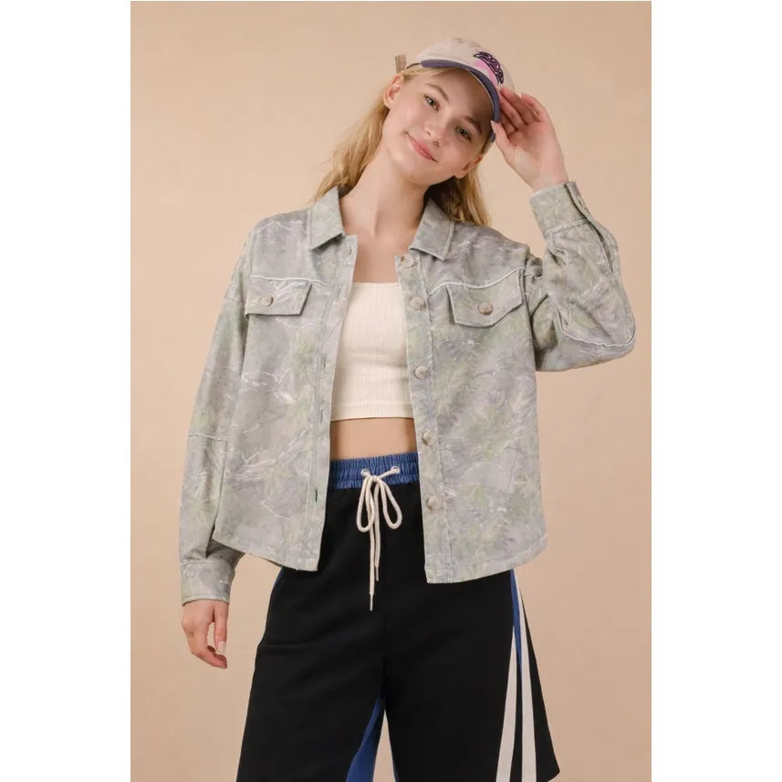 Camo Print Oversized Knit Casual Shacket Jacket